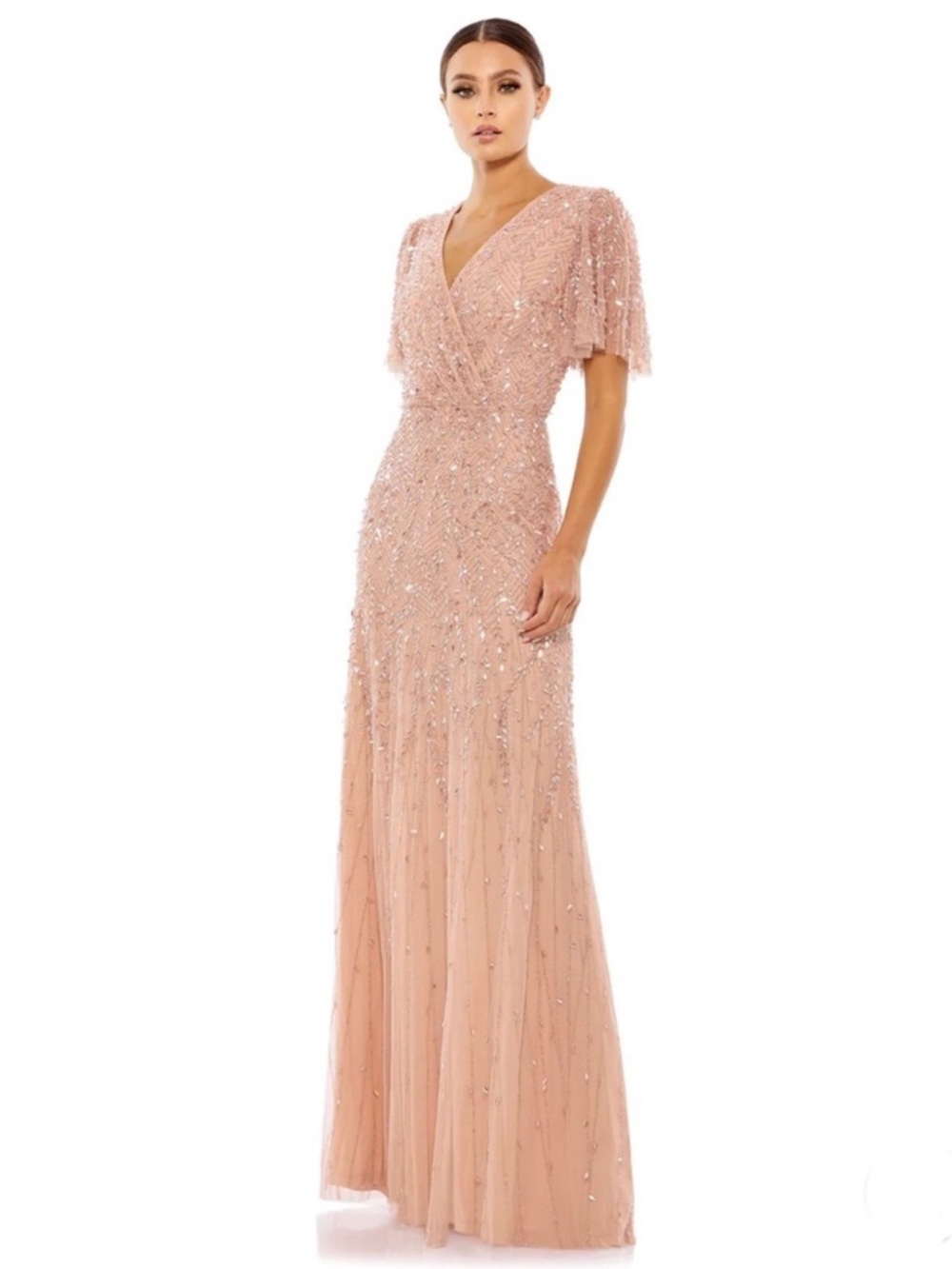 MAC DUGGAL Embellished Flutter Sleeve Gown Nude Blush Dress NEW Size 10